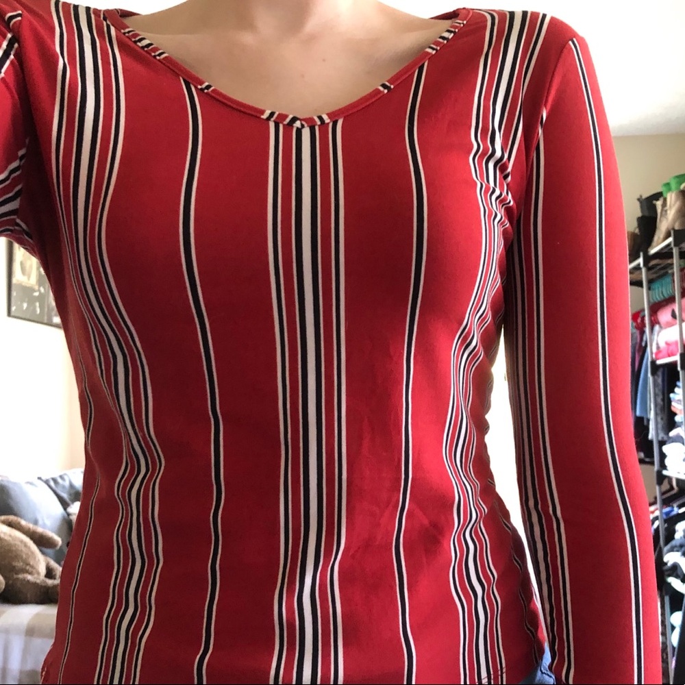 Red black & white striped long sleeve shirt